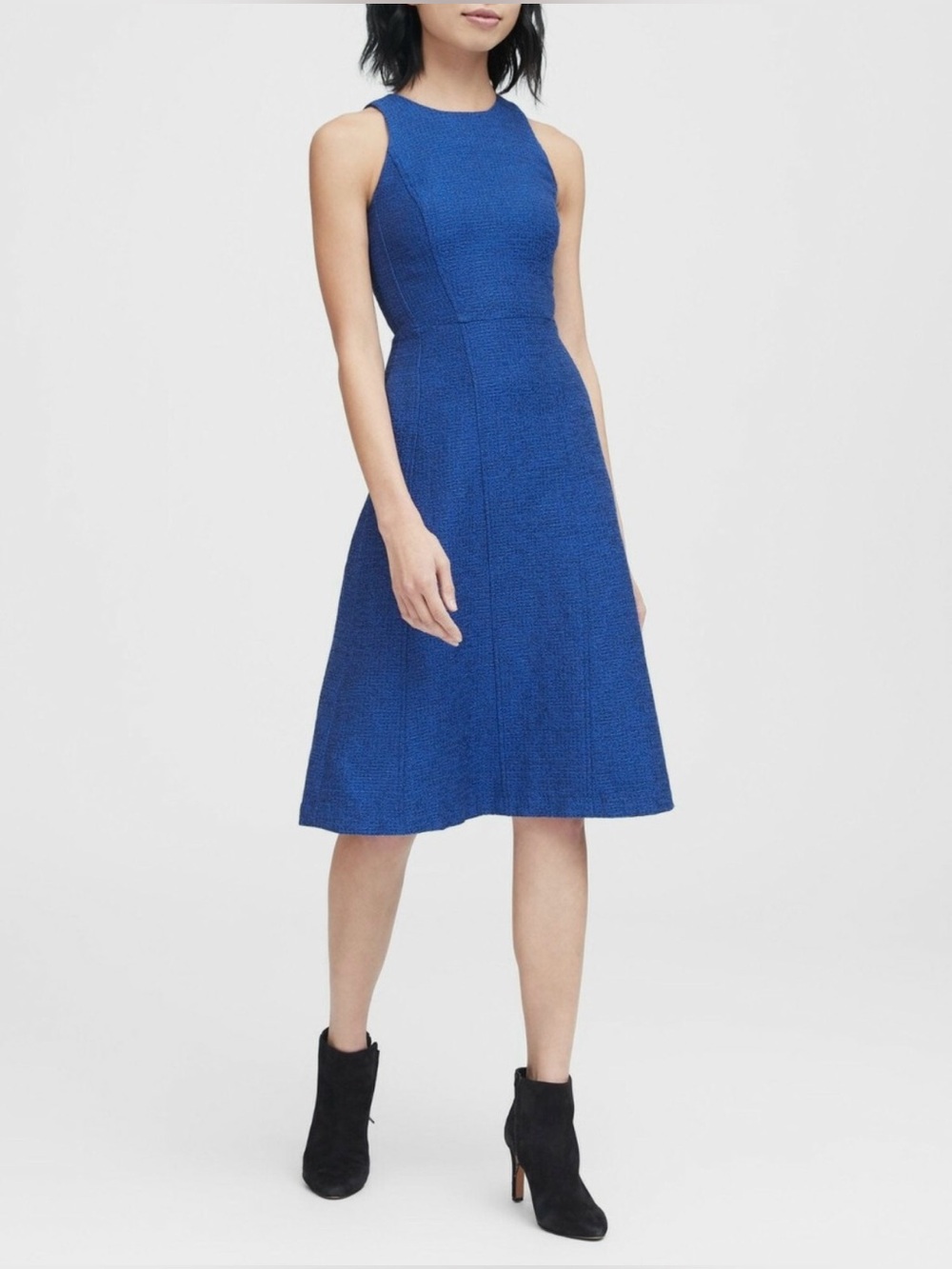 NWT Banana Republic Blue Sleeveless Midi ALine Fit and Flare Italian Tweed Dress
